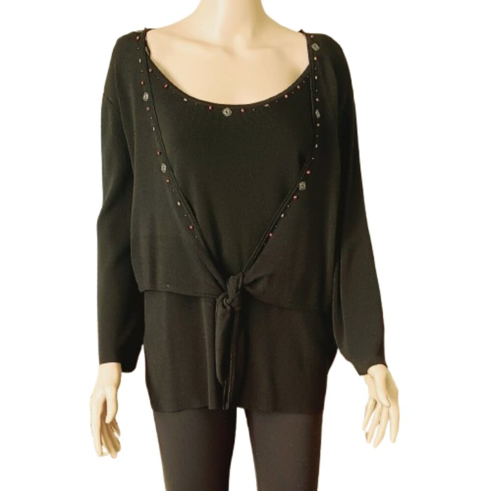 Studio I Black Tie Front Sweater 18W Beaded Trim 3/4 Sleeves Stretch Top
